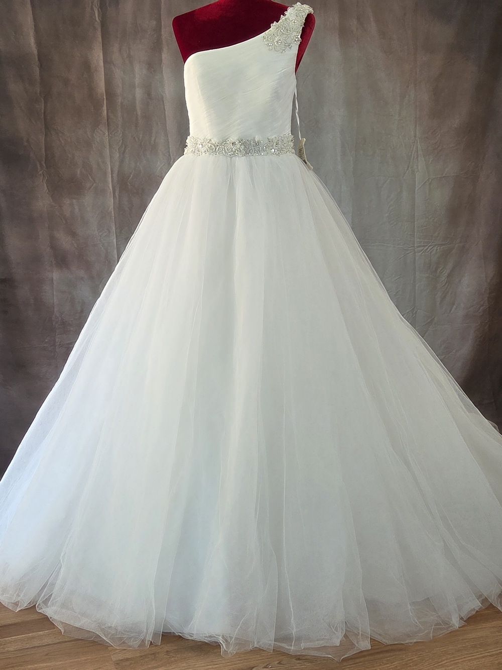 Pronovias One-Shoulder White Tulle Ball Gown, Off-white